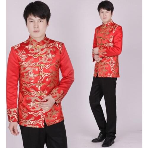 Red Tunic Traditional Stand Collar Top Costume Male Embroidery Dragon Totem Blouse Ancient Costume Tunic