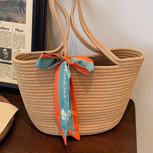 Summer Casual Straw Womens Bucket Bag Solid Color Shopping Tote Bags 2021 Scarves Female Shoulder Bag Travel Woven Handbags Sac