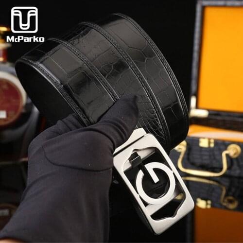 McParko Genuine Crocodile Leather Belt Men Automatic Buckle With Letter Luxury Brand Designer Black Brown Belts Men Suits Belt