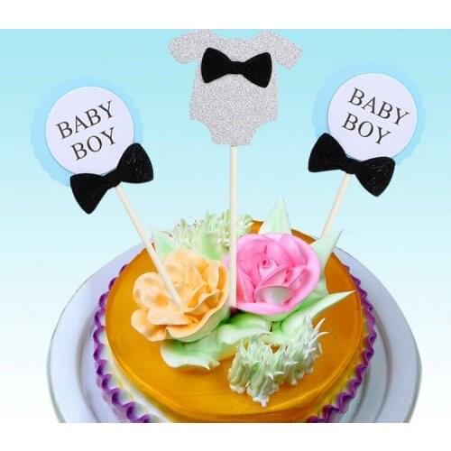 Set of 3 Birthday Cake Topper, Birthday Baby Boy,Baby Girl Celebrating, White & Blue Cake Decor, Silver Glitter, Birthday Party
