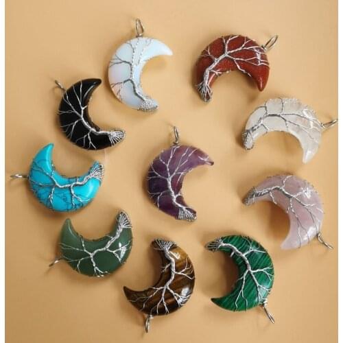 Natural Stones Moon Necklaces Pendants Purple Crystal Pink Quartz Handmade Wire Wrap Tree of Life Necklace Reiki Women Jewelry
