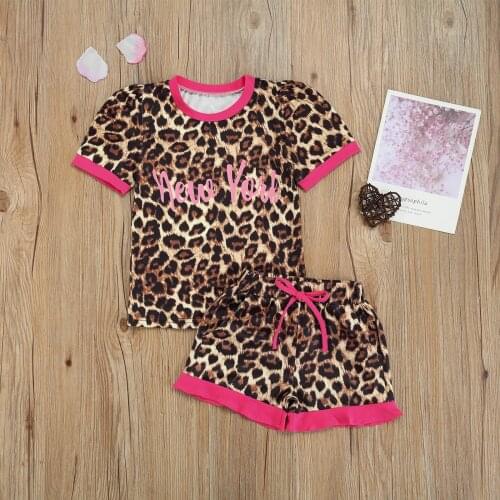 Summer 2 Pieces Kids Casual Suit Set Letter Leopard Print O-Neck Short Sleeve Blouse+ High Waist Shorts for Girls 2-7 Years