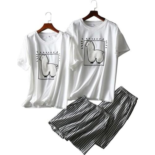 2021 Summer New Couples Short-Sleeve Round Neck Cotton Embroidery Alpaca Shorts Men Women Loose Pajamas Set Comfort Casual Wear