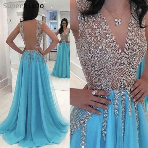 Deep V Neck Beaded Prom Dresses 2019 Vestido De Festa Blue Chiffon Backless Prom Gown