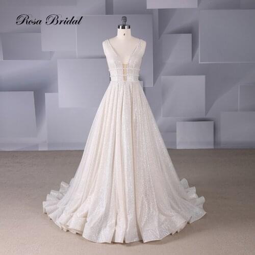 Rosabridal A line Wedding Dress beading Deep V neck sleeveless nude tulle Sample Beading Open Back Bridal Gown 2019 new design