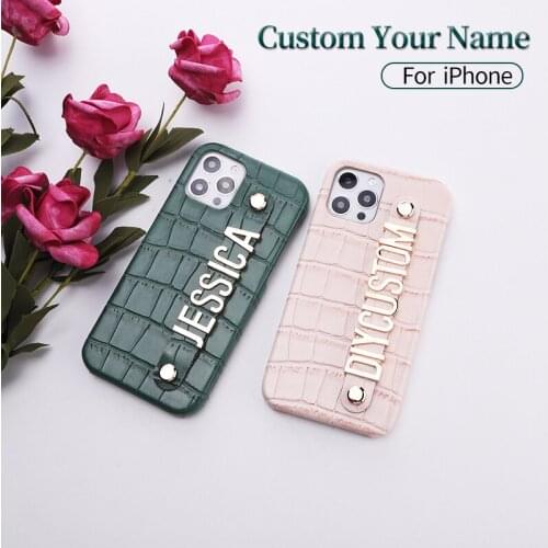 Custom Name Luxury Crocodile Leather Phone Case For iphone 11 12 Pro Max Mini 7 8 Plus X XR XS Max Diamond Metal Letters Cover