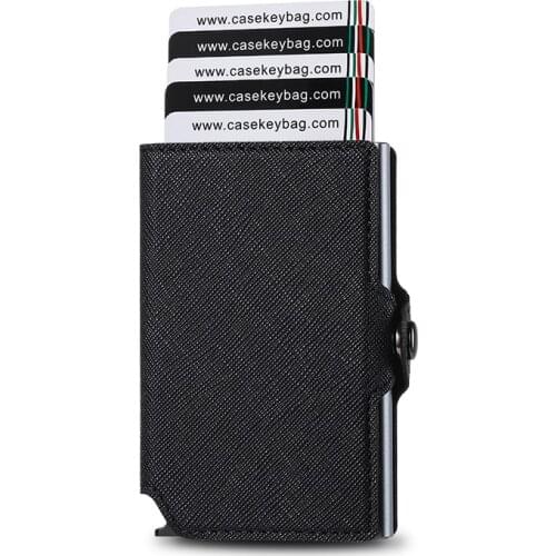 Saffiano Leather Rfid Anti-Theft Credit Card Holder Blocking Aluminum Box Slim Automatic Pop-Up Smart Wallet For Men