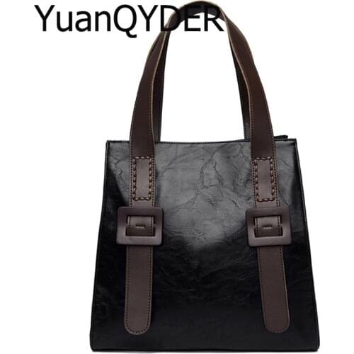Retro Casual Large Women Handbag Contrasting Color Big Belt Buckle High Quality Leather Female Bolsa Shoulder Bag Travel Totes