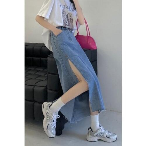 Skirt split skirt summer 2021 new retro high waist long sweet cool wind A-word skirt denim skirt women