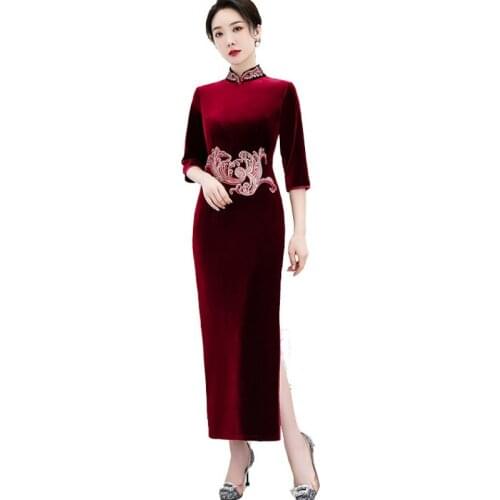 2021 Autumn Winter New Vintage Women Cheongsam Dress Flowers Embroidered High Archives Long Qipao Chinese Dress Women Clothing