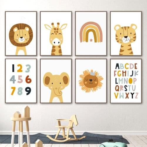 Giraffe Elephant Tiger Kawaii Wall Art Canvas Painting Nordic Nursery Posters Lions Prints Wall Pictures Kids Baby Room Decor