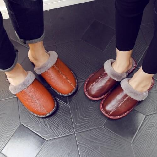 Winter Indoor Slippers Leather Super Warm Couples Casual Shoes Surface Waterproof Thermal Wool Non-slip Tick Bottom Winter Shoe