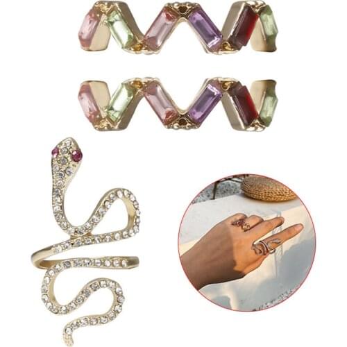 3PCS/4PCS Vintage Boho Snake Shape Animals Finger Rings Set Crystal Ring Wedding Party Jewelry Accessories