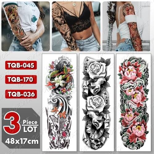 3 pcs/lot Large Arm Sleeve Tattoo Mask Lotus Waterproof Temporary Tatto Sticker Peony Rose Body Art Full Fake Tatoo Women Men