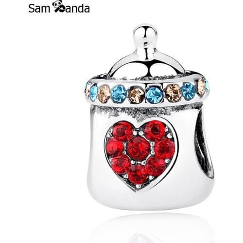 Authentic 925 Sterling Silver Bead Charms Cute Babys Bottle Crystal Heart Beads Fit Pandora Women Bracelet DIY Charms Jewelry