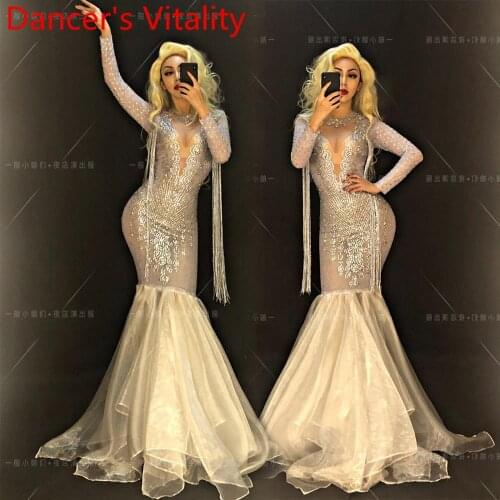 Bar Club Car Model Show Sexy Perspective Long Sleeve Tassel Rhinestone Women Singer DJ DS Pole Dance Group Performance Costume