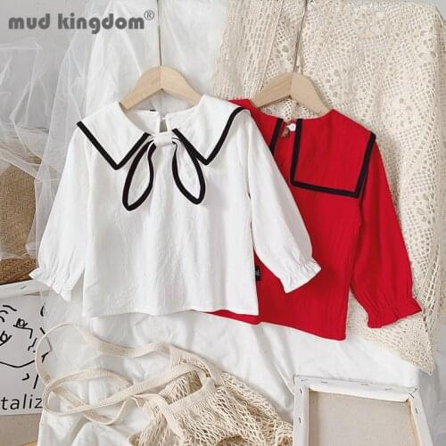 Mudkingdom Girl Blouses Long Sleeve Peter Pan Collar Bow Solid Tops Toddler Drop Shoulder Shirt for Kids Spring Autumn Clothes