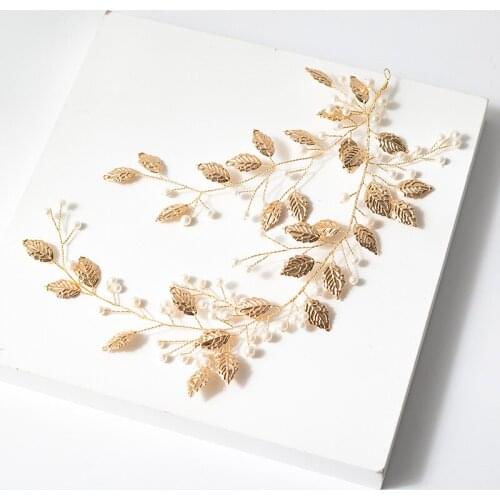 Boho Gold Leaf Women Headpiece Pearls Wedding Hair Vine Jewelry Handmade Bridal Headwear Accessories