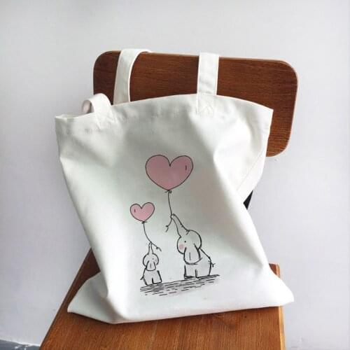 Large Capacity Kawaii Cute Elephant Balloon Print College Canvas Shoulder Bag Fashion Cartoon Print White Totes Print Bags