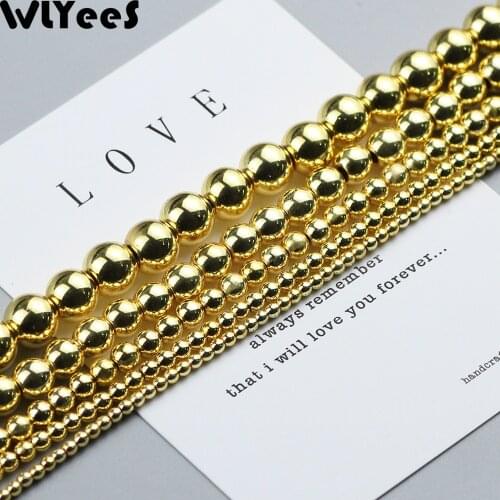 WLYeeS Natural Stone beads 18 Gold Hematite beads 2 3 4 6 8 10mm Round Loose spacer bead for DIY Jewelry Bracelet earring Making