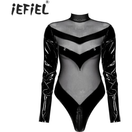 Women Sissy Patchwork Bodysuit Costumes Long Sleeve Mesh Sheer Jumpsuit Zipper Back Mock Neck Exotic Teddies for Lingerie Party