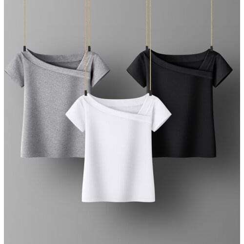 Women Soft Cotton T-shirt Skew Collar Solid color Lady Tees Short Sleeve Summer Womens clothings All match Female T-shirts