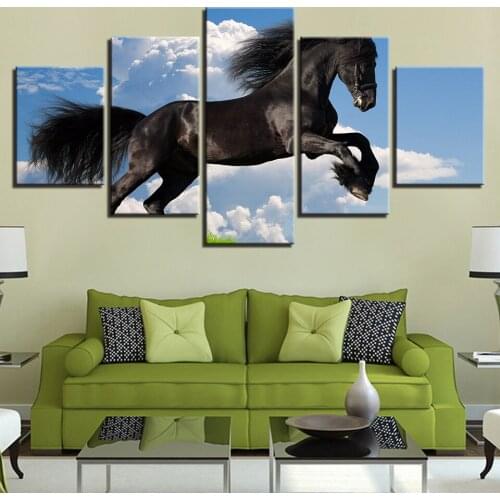 HD Canvas Art Painting For Living Room Wall Decor 5 Pieces Dark Black Horse Black Jump Blue Sky Courage Picture