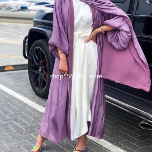 Eid Muslim Abaya Dress Kimono for Women Fashion Shining Silklike Summer Open Abayas Puff Sleeve Cardigan Dubai Turkey Clothes