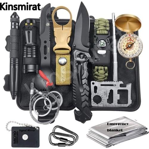 Emergency Survival Kit 15 in 1 Outdoor Survival Gear Tool with Bracelet Knife Compass Emergency blanket For Camping Hiking