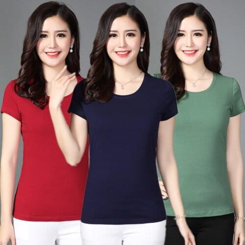 Plus size 5XL Summer Short-sleeved T-shirt Middle-aged womens Tops Candy colors cotton O neck Slim Bottoming Shirt Casual Tops