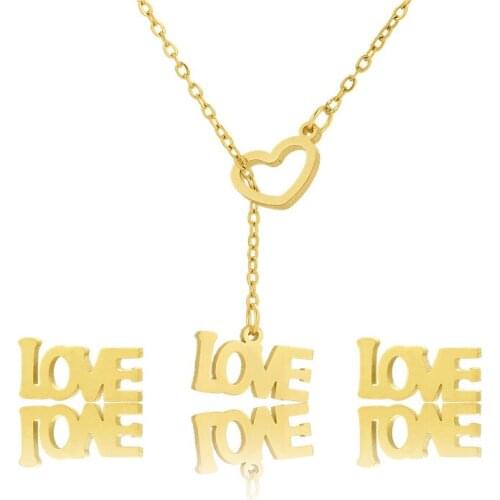 Love Gold Necklaces Stainless Steel Heart Pendant Chain Necklace & Earings Sets Fashion Jewelry As Women Girls Gift in 45cm