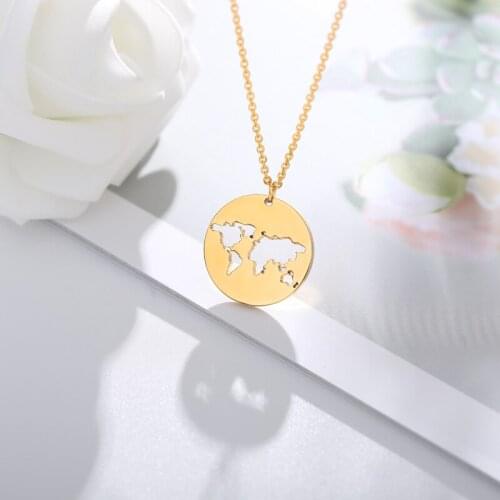 Minimal Coin Stainless Steel Rose Gold Disc Cut Our World Map Necklaces Pendants For Women Fashion Jewelry Collares Mujer BFF