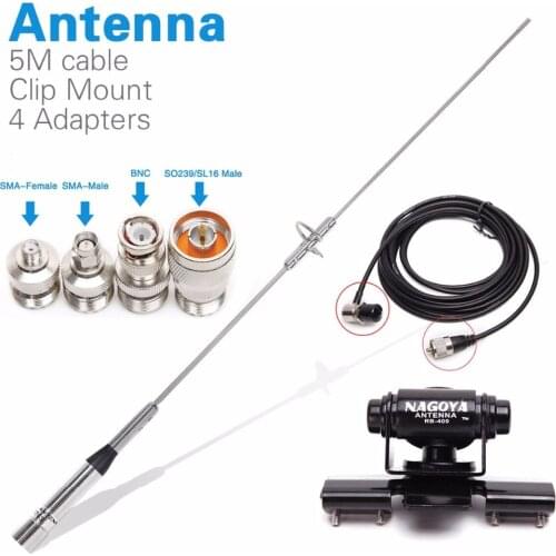 Nagoya NL-770S Walkie Talkie Mobile Radio Antenna PL259 +5M Coaxial Cable Clip Mount +SMA-F SMA-M BNC SL16 Connector Adapter