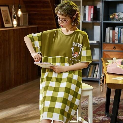 Plus size womens nightdress spring and summer fresh short-sleeved cotton sexy net red sleepdress fat MM dress nuisette new