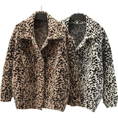 New Autumn Winter Ladies Jacket Imitate Mink Fleece Womens Sweater Coat Tops Korean Leopard Single-Breasted Cardigan Outerwear