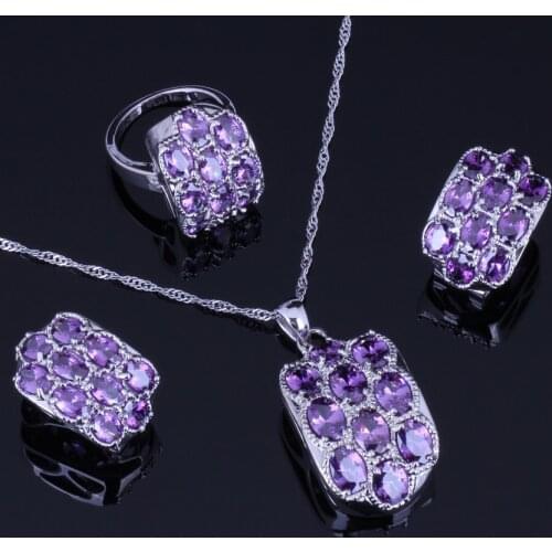 Eye-Catching Oval Purple Cubic Zirconia Silver Plated Jewelry Sets Earrings Pendant Chain Ring V0248