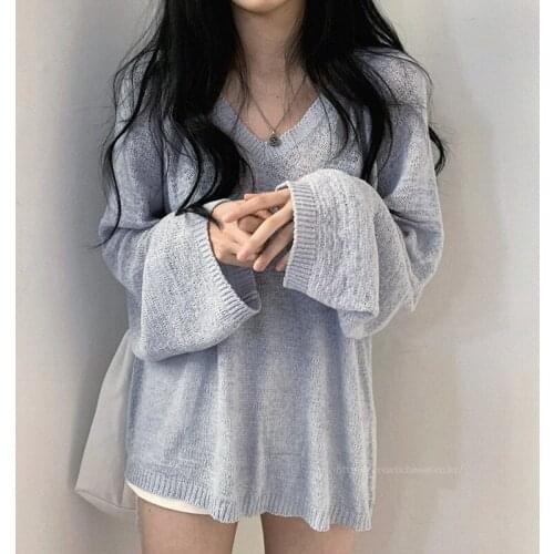 GOOHOJIO 2020 New Oversize V-neck Knit Pullovers Women Outwear Chic Solide Color Tops Sweater Autumn Sweater Women Pullovers