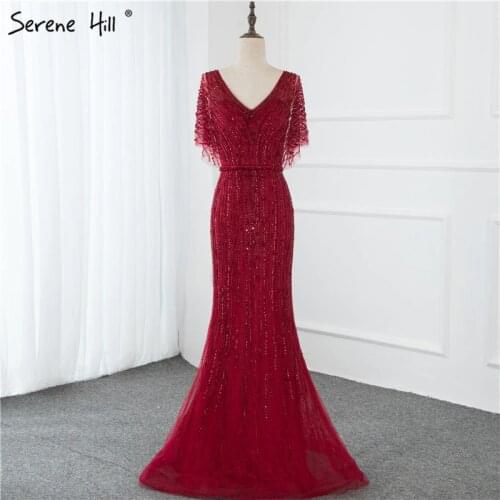 Champagne Dubai Luxury Half Sleeves Evening Dresses 2021 Mermaid Beading Crystal Evening Gowns Design Real Photo LA70163