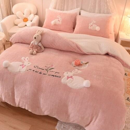 Luxury Shaggy Velvet + Berber Fleece Princess Girl Bedding Set Rabbit Embroidery Short Plush Duvet Cover Quilt Cover Bed Linen