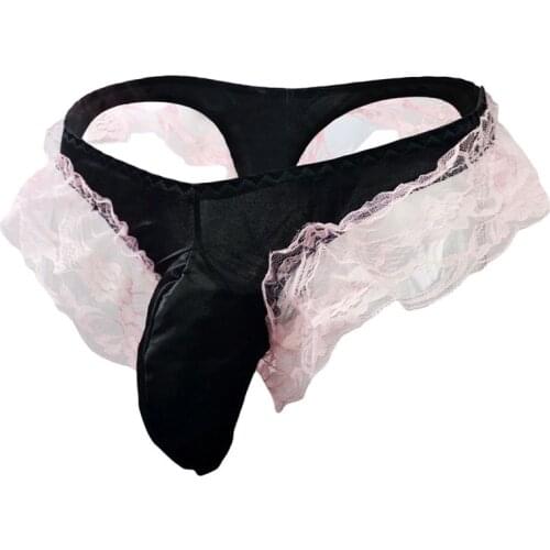 Frilly Lace Sissy Pouch Panties Men Sexy Thong Underwear Bulge Pouch Low rise Sexy Sexy Long Penis Sheath Jockstrap Panties gay