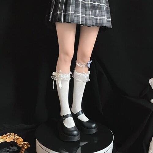 Japanese Lolita Girl Calf Socks White Pure Cotton Lace Trim Bowknot Ornaments Lace Socks Women Middle Tube Socks