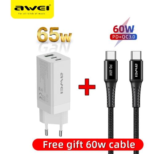 Awei 65W GaN Charger Type C PD USB Charger Fast Charger 3ports QC 4.0 3.0 Quick Charge For iPhone Huawei Power Adapter Eu Plug