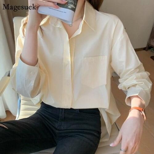 New Spring Summer Cotton Tops Shirt Long Sleeve Yellow White Shirt Female Turn-down Collar Loose Solid Women Blouse Shirts 12861