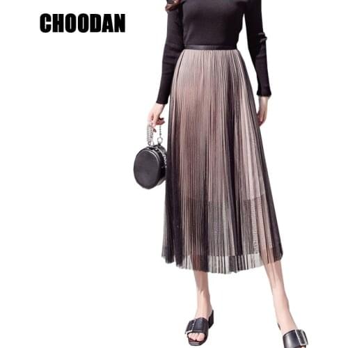 Women Pleated Skirt Tulle Sexy Perspective Double Layer Mesh Maxi Skirts High Waist Spring Summer 2018 Ladies Long Lace Skirt