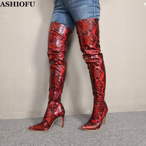 ASHIOFU New Hot Sale Ladies Thigh High Boots Faux-snake Western Party Prom Over Knee Boots Sexy Winter Evening Fashion Boots