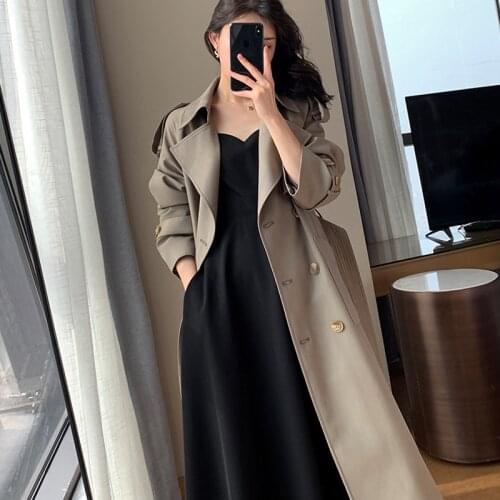 2021 New Spring Fall Elegant Women Double Breasted Solid Trench Coat Long Over-the-knee Turn-down Collar Coat Windbreaker