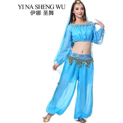 Bollywood Costumes Indian Dance Performance Costumes Belly Dance Set For Women Chiffon Clothes 2Pcs/4Pcs Short/Long Sleeve Sets