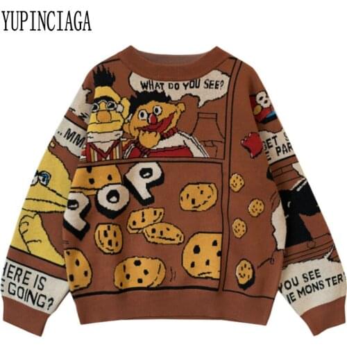 YUPINCIAGA Girl Cartoon Comic Sweaters jacquard brown Winter Thick Warm Sweater Women Funny Pullovers Knit Drop Shouder Jumpers