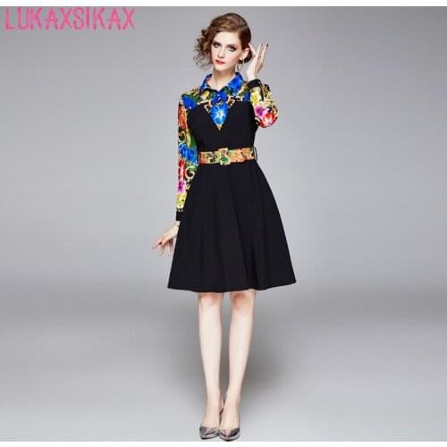 2020 New Spring Autumn Women Long Sleeve Dress High Quality Gorgeous Flowers Print Patchwork Runway Dress Send The Belt