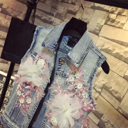 Hot Sale Summer Fashion Floral Embroidery Sleeveless Denim Waistcoat Single Breasted Lapel Slim Fit Sweet Female Jeans Vests